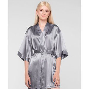 Ekouaer Robe Womens Small Classic Gray Satin Kimono Short Lounge Lace Accent